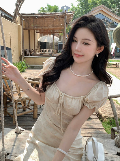 Qiu Rouyao elegant round neck pleated puff sleeve dress for women summer new slim white long and short skirt