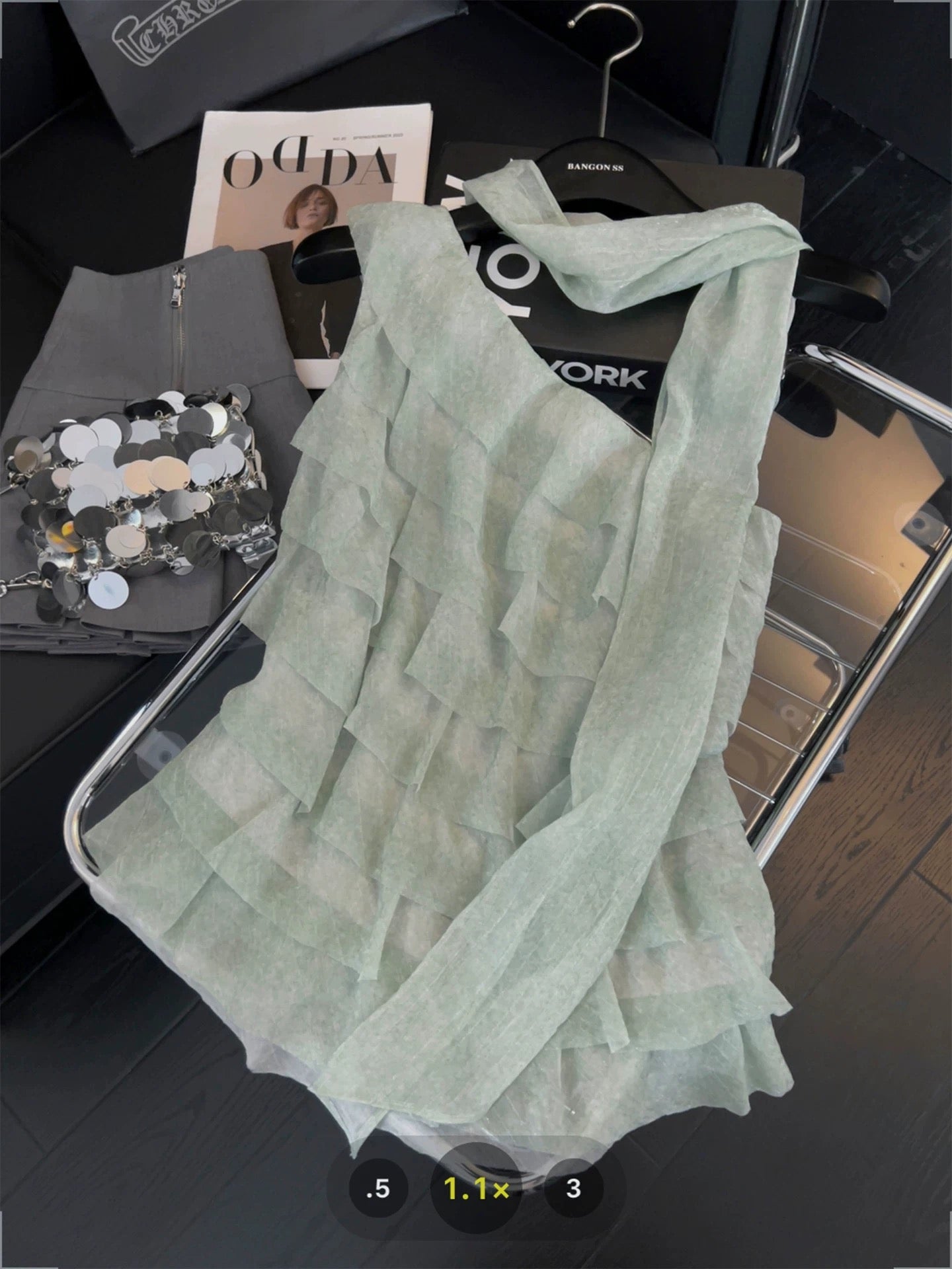 Asymmetrical ruffled one-shoulder camisole with ribbon halter neck design, sweet and spicy style, layered tiered off-shoulder top.