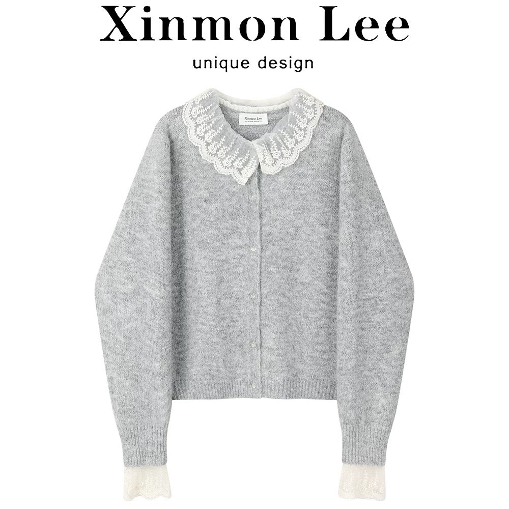 XinmonLee Korean sweet and fashionable age-reducing splicing lace lace fake two-piece sweater soft and loose and slim