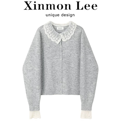 XinmonLee Korean sweet and fashionable age-reducing splicing lace lace fake two-piece sweater soft and loose and slim