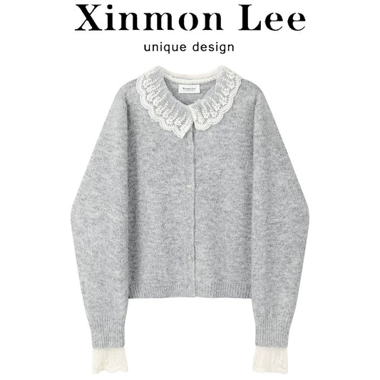 XinmonLee Korean sweet and fashionable age-reducing splicing lace lace fake two-piece sweater soft and loose and slim