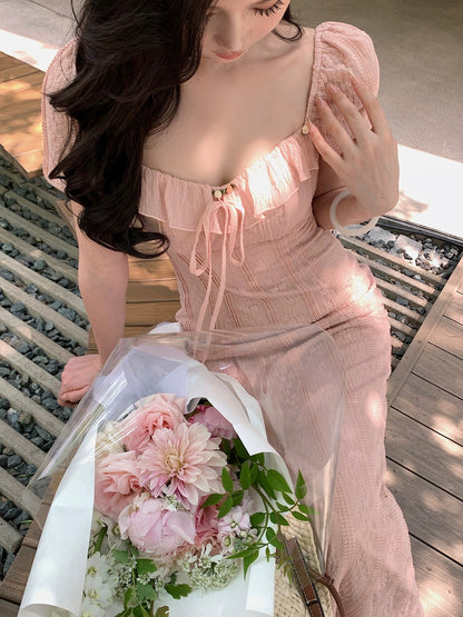 Qiu Rouyao's elegant pink dress for women, high-end summer new style, gentle waistline, slimming skirt for small people
