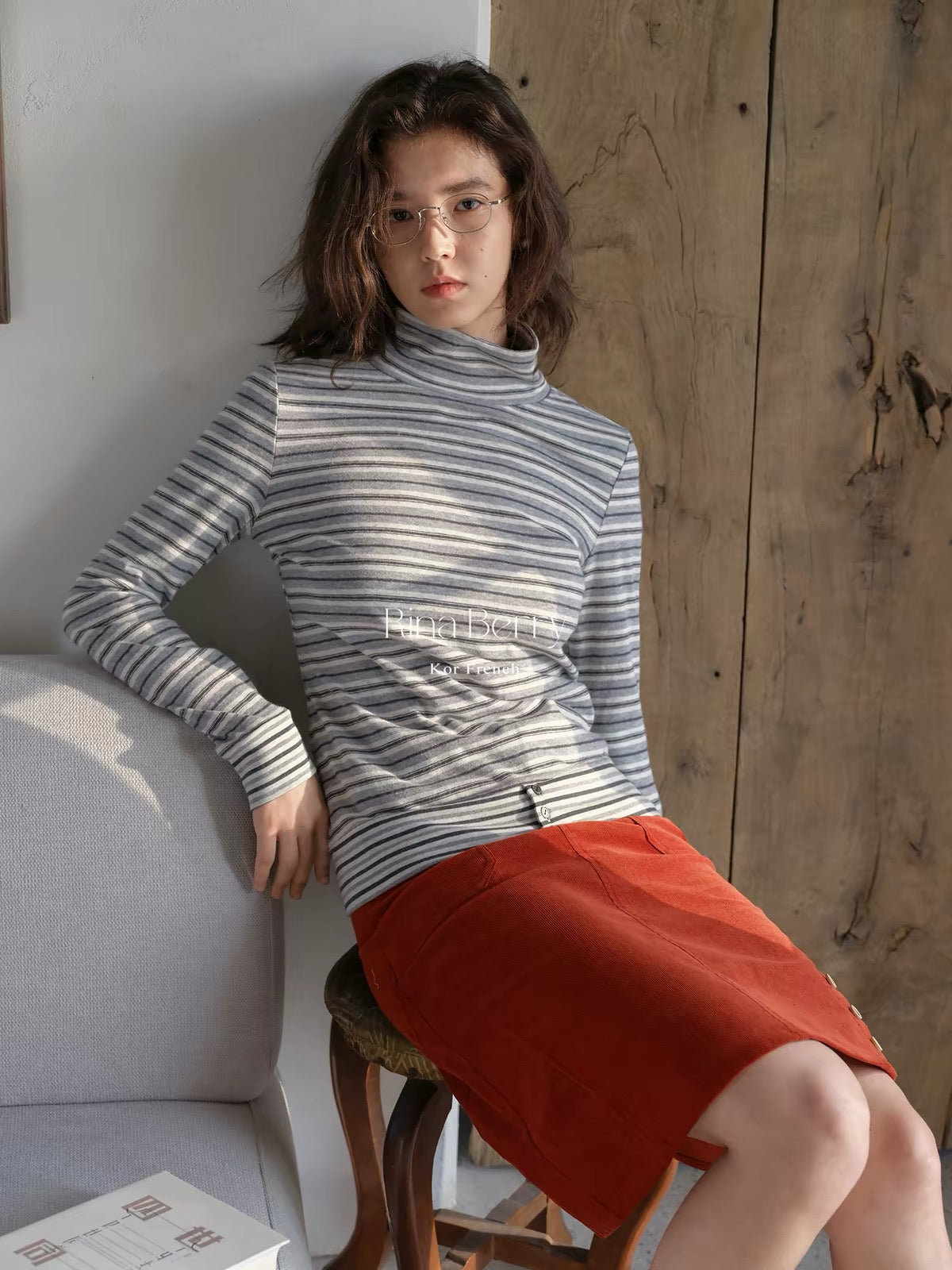 Rina Berry Women’s Striped Long-Sleeve Turtleneck Top – Slim-Fit Autumn Base Layer with a Faux-Placket Hem Detail