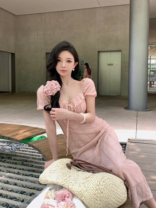 Qiu Rouyao's elegant pink dress for women, high-end summer new style, gentle waistline, slimming skirt for small people