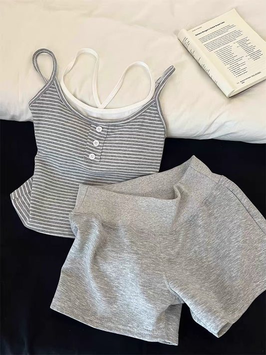 Korean style color-blocked striped faux two-piece camisole nightgown with bra pads, women's summer wear, can be worn as outerwear, women's loungewear set
