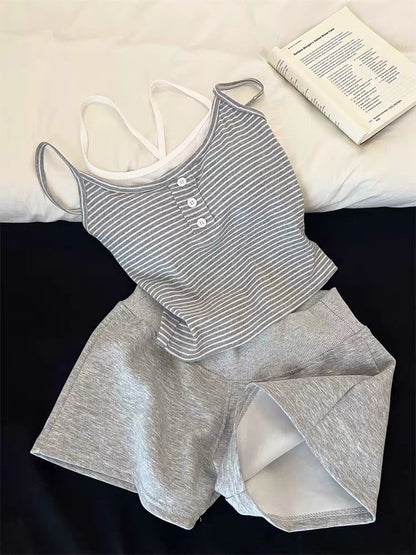 Korean style color-blocked striped faux two-piece camisole nightgown with bra pads, women's summer wear, can be worn as outerwear, women's loungewear set
