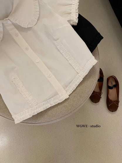 Small white short-sleeved shirt for women in summer 2025 new puff sleeve French shirt slim short top