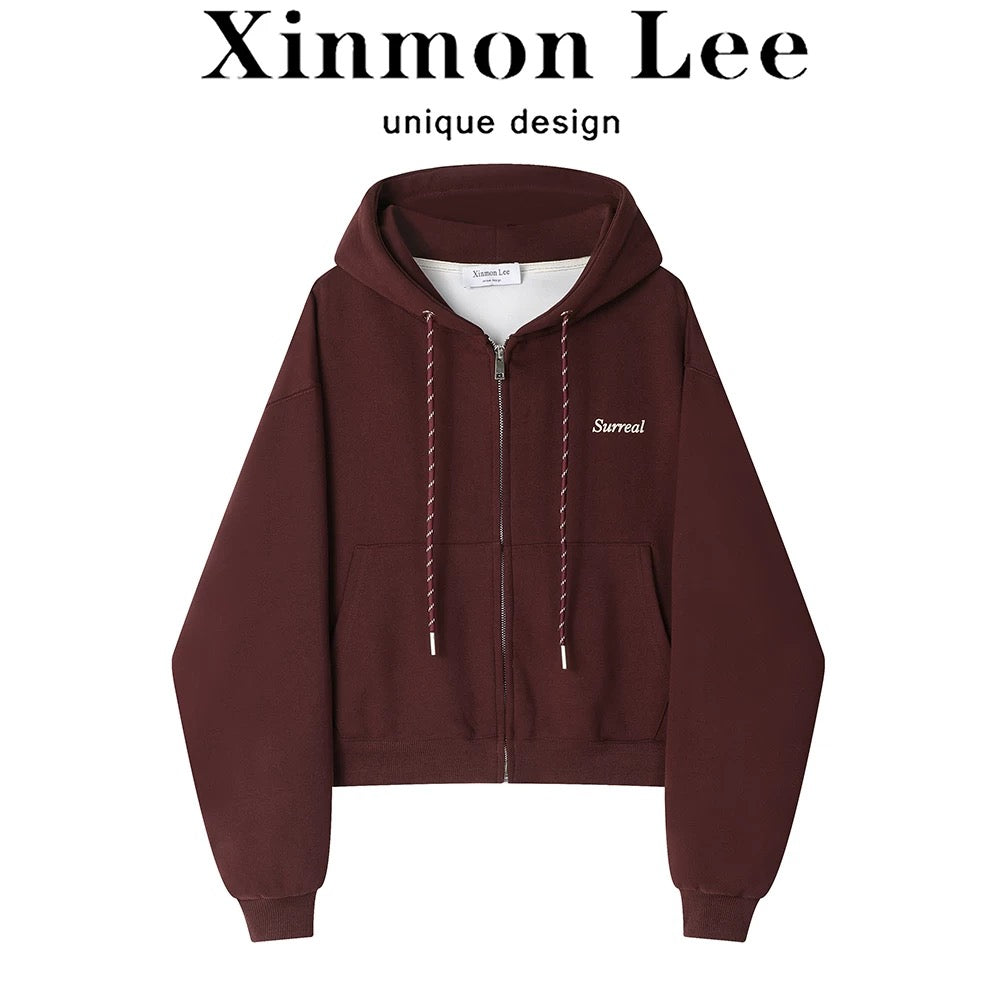 XinmonLee high-grade red retro letter embroidered sweater hooded cardigan jacket slim temperament autumn and winter