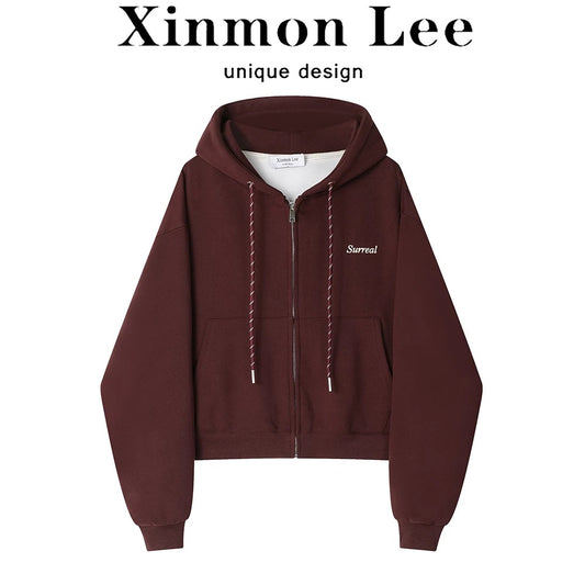 XinmonLee high-grade red retro letter embroidered sweater hooded cardigan jacket slim temperament autumn and winter