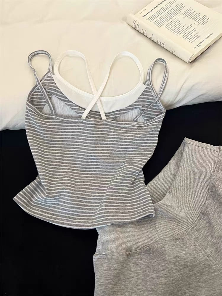 Korean style color-blocked striped faux two-piece camisole nightgown with bra pads, women's summer wear, can be worn as outerwear, women's loungewear set