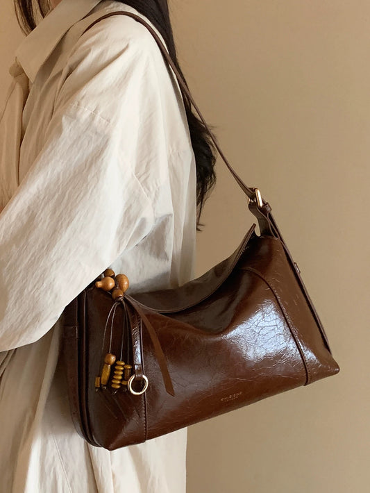 Chio2nd Encounter with Maple Fir Tote Bag for Women, Autumn/Winter, Waxed Leather, Commuter Shoulder/Crossbody Bag
