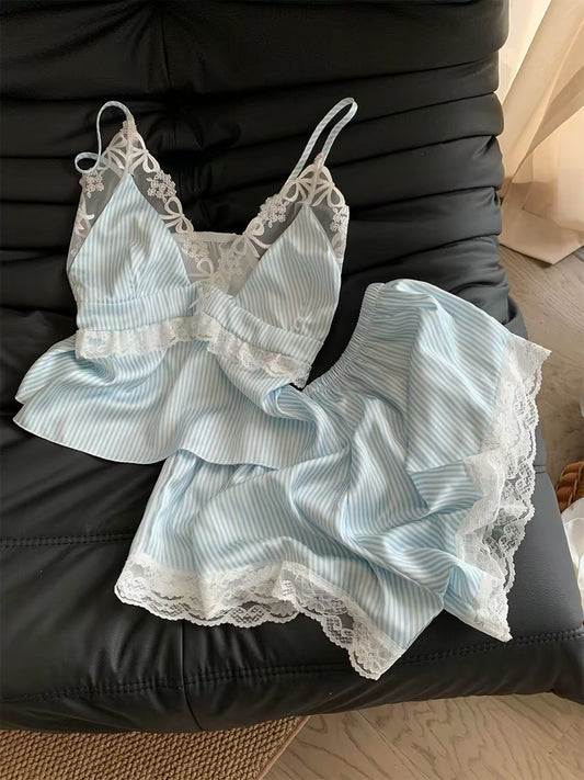 Pure and alluring style women's summer camisole nightgown with ice ribbon bra pads 2025 new sexy lace striped shorts loungewear