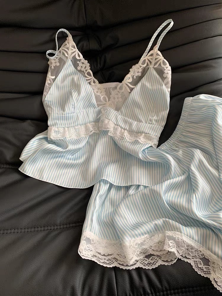 Pure and alluring style women's summer camisole nightgown with ice ribbon bra pads 2025 new sexy lace striped shorts loungewear