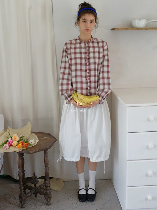 Rina Berry Plaid Lace-Trim Blouse – Korean-Style Autumn Top with Ruffled Stand Collar, Lantern Sleeves, and a Loose Fit