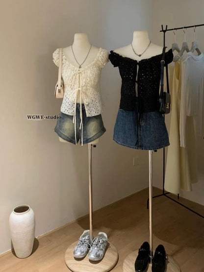 WGWE2025 Thirteen Lines early spring new American retro style hollow strap vest pure desire palace square collar small shirt