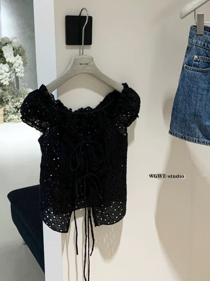WGWE2025 Thirteen Lines early spring new American retro style hollow strap vest pure desire palace square collar small shirt
