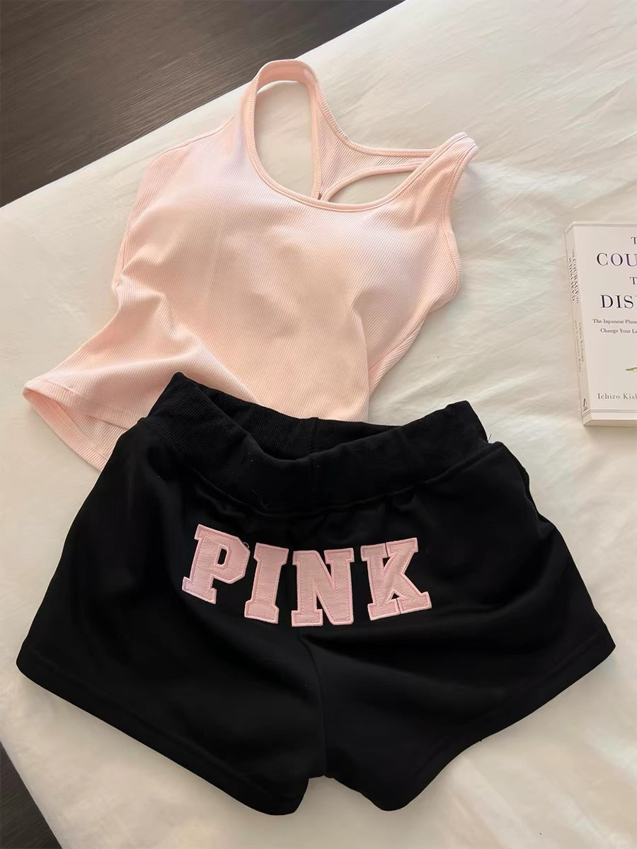 2026 New Korean Style Sweet Style Camisole Pajamas with Bra Pads for Women, Summer Vest and Shorts, Home Wear, Spring and Autumn Set