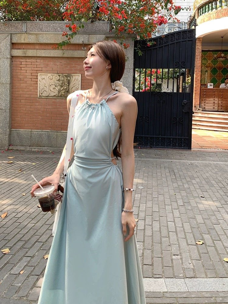 LINGLAI Linglai Mint Mambo Halter Neck Waist Sling Dress Women's Summer Design Temperament Tea Break Long Dress