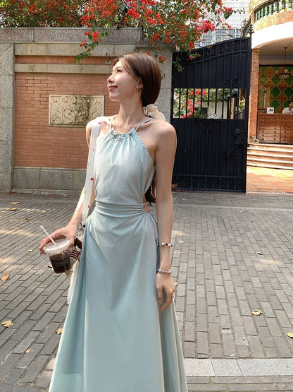 LINGLAI Linglai Mint Mambo Halter Neck Waist Sling Dress Women's Summer Design Temperament Tea Break Long Dress