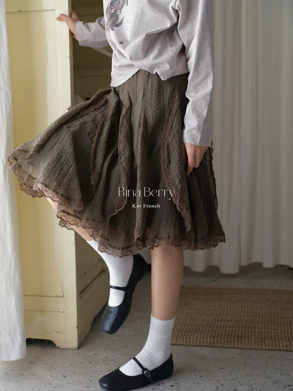 Rina Berry Lyocell-and-Lace Paneled Petal-Style Skirt – A Flowy, Asymmetrical A-Line Maxi Skirt for Autumn