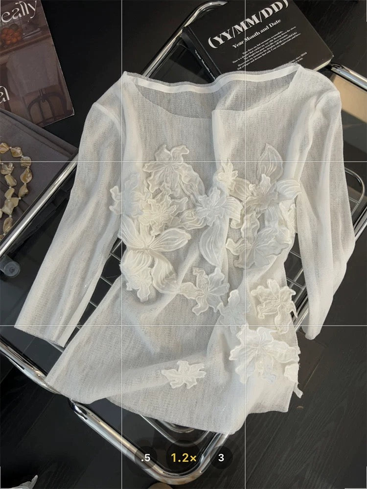 French-style 3D floral short-sleeved top, women's mesh seamless see-through design, new summer style, slim fit, round neck T-shirt.