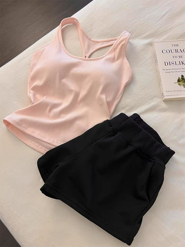 2026 New Korean Style Sweet Style Camisole Pajamas with Bra Pads for Women, Summer Vest and Shorts, Home Wear, Spring and Autumn Set