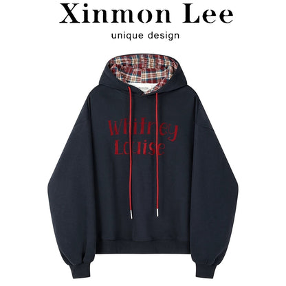 XinmonLee American retro design plaid splicing hooded sweatshirt temperament leisure lazy style autumn and winter