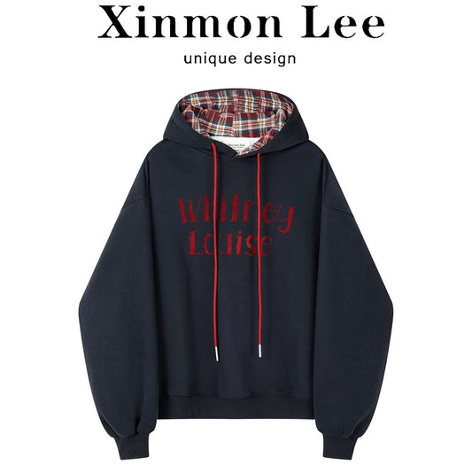 XinmonLee American retro design plaid splicing hooded sweatshirt temperament leisure lazy style autumn and winter