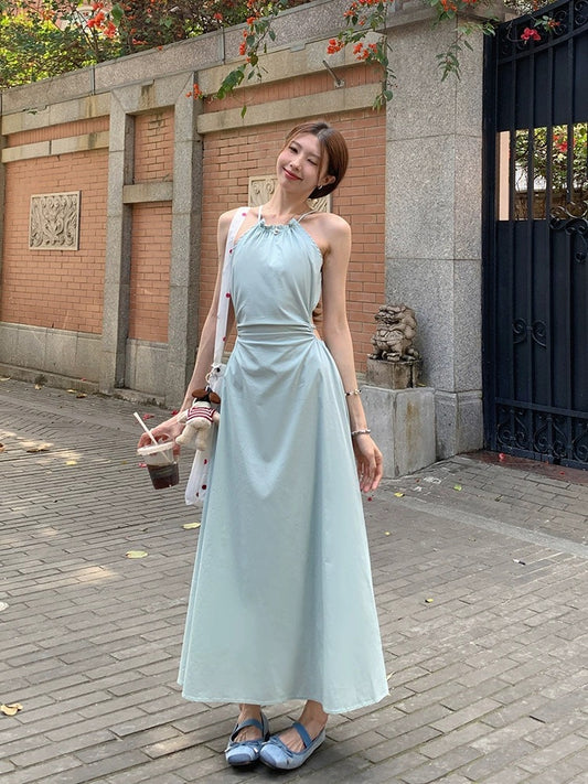 LINGLAI Linglai Mint Mambo Halter Neck Waist Sling Dress Women's Summer Design Temperament Tea Break Long Dress