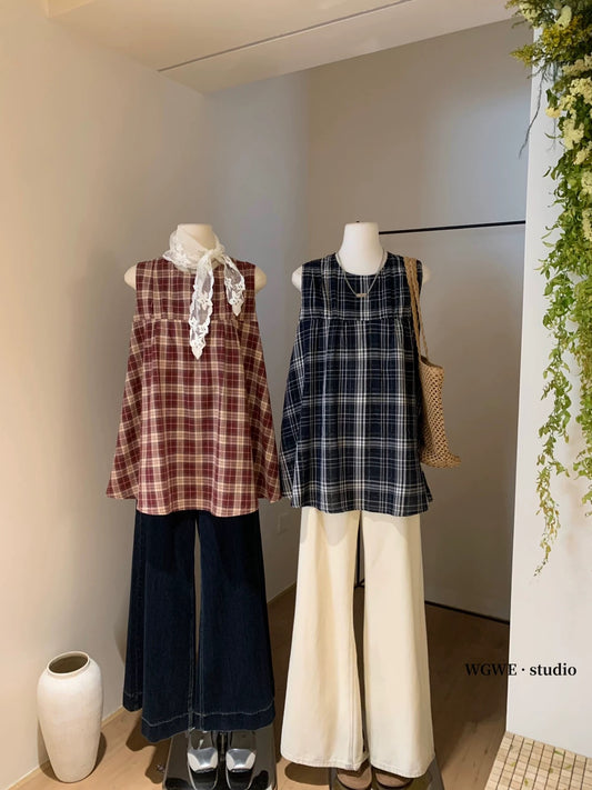 French design niche plaid vest shirt women's summer lazy loose sleeveless babydoll shirt top small shirt