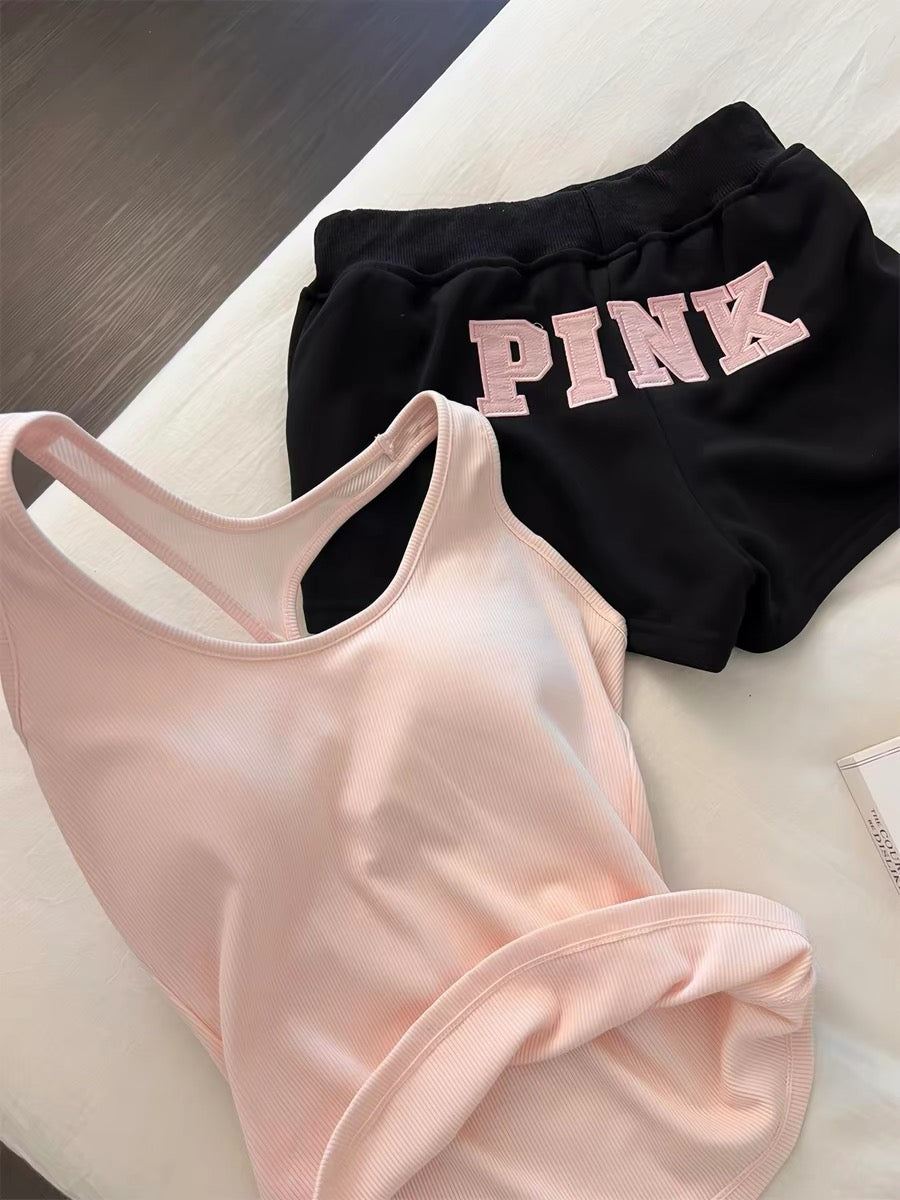 2026 New Korean Style Sweet Style Camisole Pajamas with Bra Pads for Women, Summer Vest and Shorts, Home Wear, Spring and Autumn Set