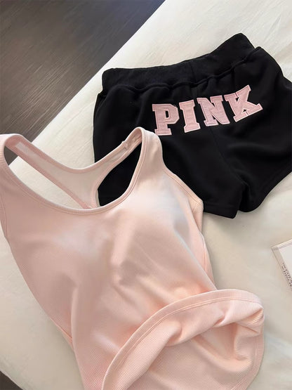 2026 New Korean Style Sweet Style Camisole Pajamas with Bra Pads for Women, Summer Vest and Shorts, Home Wear, Spring and Autumn Set