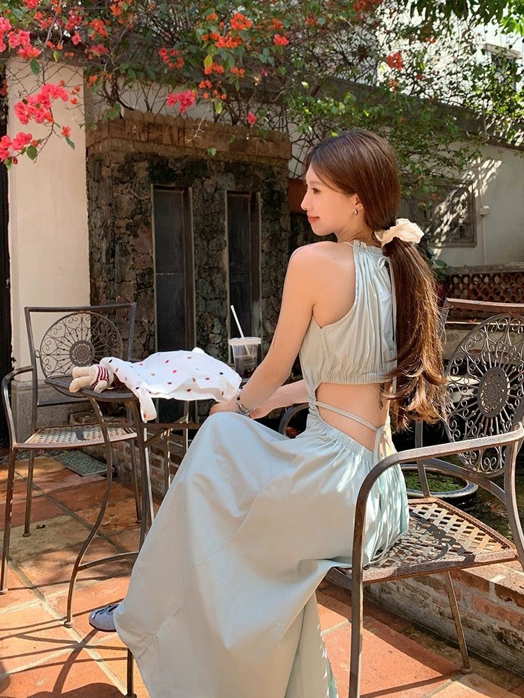 LINGLAI Linglai Mint Mambo Halter Neck Waist Sling Dress Women's Summer Design Temperament Tea Break Long Dress