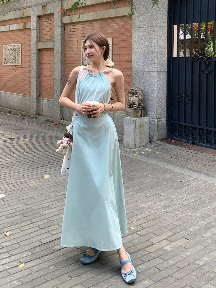 LINGLAI Linglai Mint Mambo Halter Neck Waist Sling Dress Women's Summer Design Temperament Tea Break Long Dress