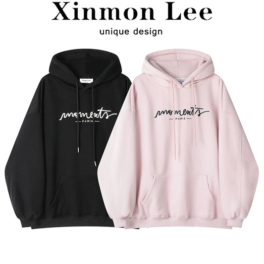 XinmonLee age-reducing loose hooded plus velvet embroidered letter design winter Korean lazy style sweater jacket