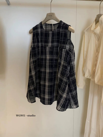 French design niche plaid vest shirt women's summer lazy loose sleeveless babydoll shirt top small shirt