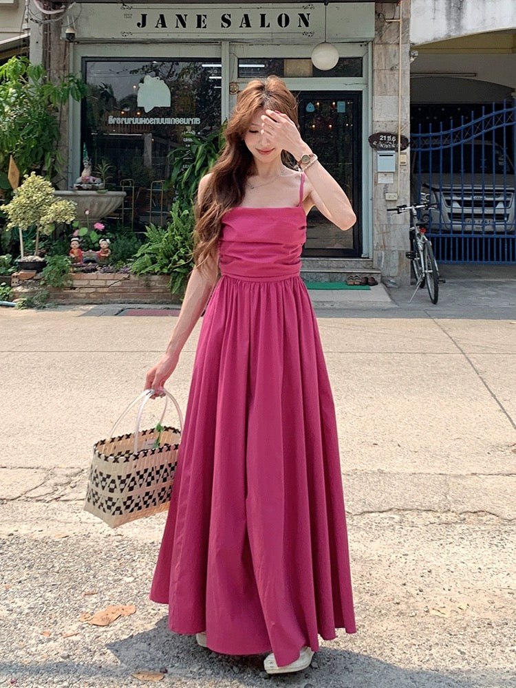 LINGLAI Hong Kong style rose red suspender dress women's summer waist slimming high-end gentle style long skirt