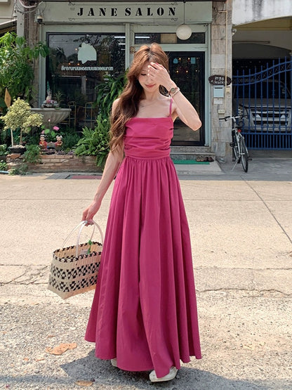 LINGLAI Hong Kong style rose red suspender dress women's summer waist slimming high-end gentle style long skirt