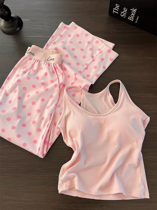 Pink polka dot pajamas for women, summer modal cotton suspender trousers, 2026 new style, with bra pads, high-end loungewear.