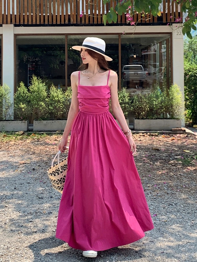 LINGLAI Hong Kong style rose red suspender dress women's summer waist slimming high-end gentle style long skirt