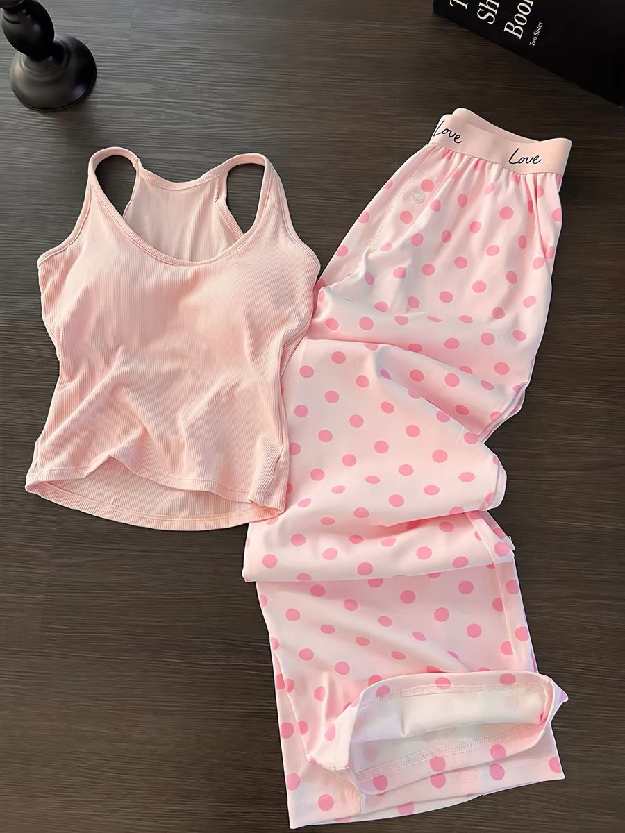 Pink polka dot pajamas for women, summer modal cotton suspender trousers, 2026 new style, with bra pads, high-end loungewear.