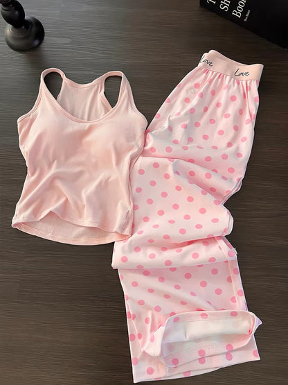 Pink polka dot pajamas for women, summer modal cotton suspender trousers, 2026 new style, with bra pads, high-end loungewear.