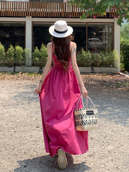 LINGLAI Hong Kong style rose red suspender dress women's summer waist slimming high-end gentle style long skirt