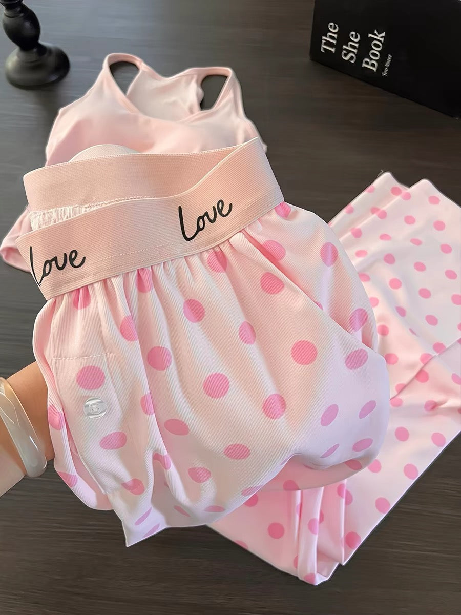 Pink polka dot pajamas for women, summer modal cotton suspender trousers, 2026 new style, with bra pads, high-end loungewear.
