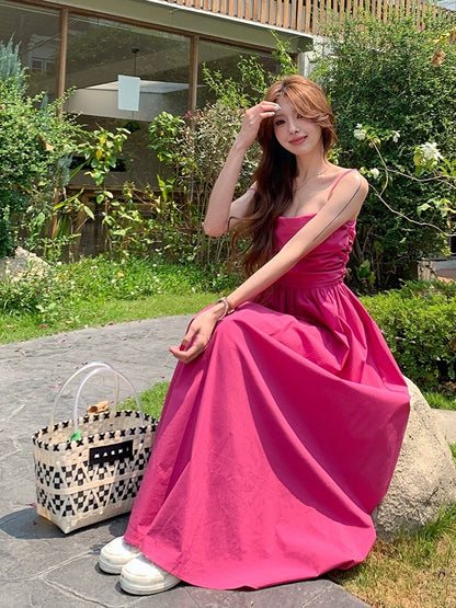 LINGLAI Hong Kong style rose red suspender dress women's summer waist slimming high-end gentle style long skirt