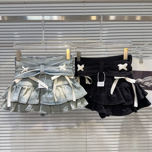 Internet celebrity same style 2025 summer new street sweet cross tie knot denim short skirt cake skirt skirt female