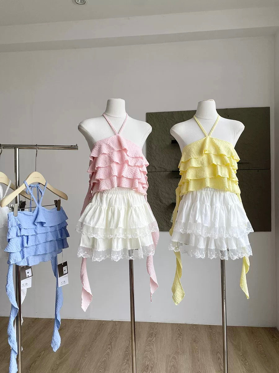 2025 summer new Korean style sweet age-reducing ruffled halter neck suspenders age-reducing versatile slimming tops for women