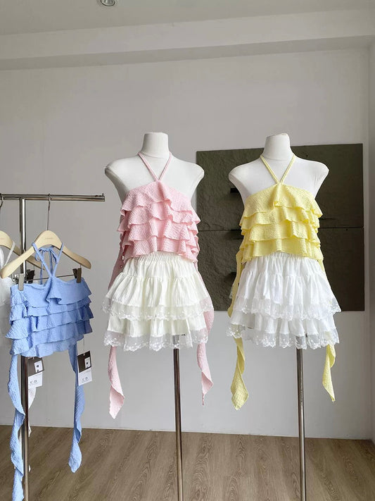 2025 summer new Korean style sweet age-reducing ruffled halter neck suspenders age-reducing versatile slimming tops for women