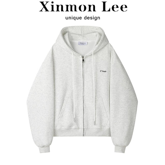 XinmonLee Korean version of simple loose slim casual jacket early autumn age-reducing all-match hooded sweater cardigan women