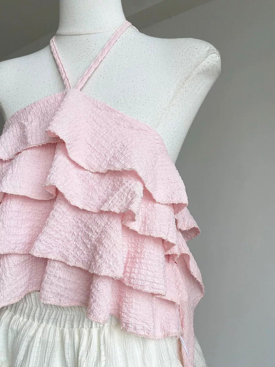 2025 summer new Korean style sweet age-reducing ruffled halter neck suspenders age-reducing versatile slimming tops for women